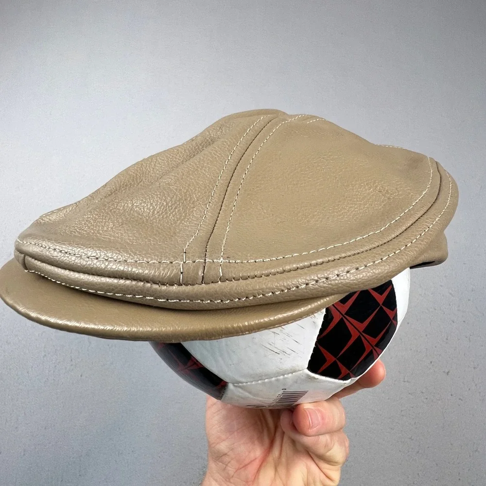 KBETHOS Flat Cap Mens L/XL Tan Genuine Leather Ivy Newsboy Driver Hat USA Made
